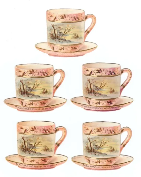 Framed Print : China cups and saucers on five cutout Christmas cards Framed Print : China cups and saucers on five cutout Christmas cards