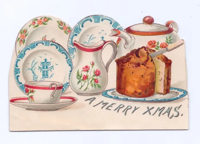 Framed Print : China pottery and cake on a Christmas postcard Framed Print : China pottery and cake on a Christmas postcard