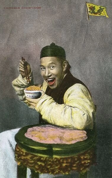 Chinaman Chow-Chow. A jovial Chinese man is delighted with his bowl of Chow Mein