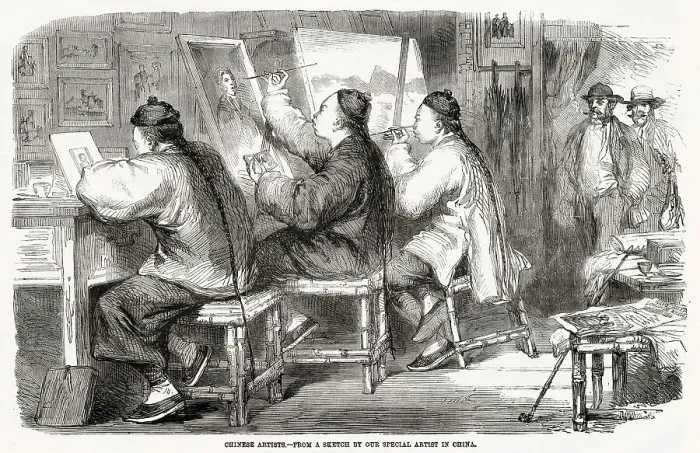 Framed Print : Chinese artists at work in a studio in Hong Kong. From left, one artist is painting a miniature from a daguerrotype Framed Print : Chinese artists at work in a studio in Hong Kong. From left, one artist is painting a miniature from a daguerrotype