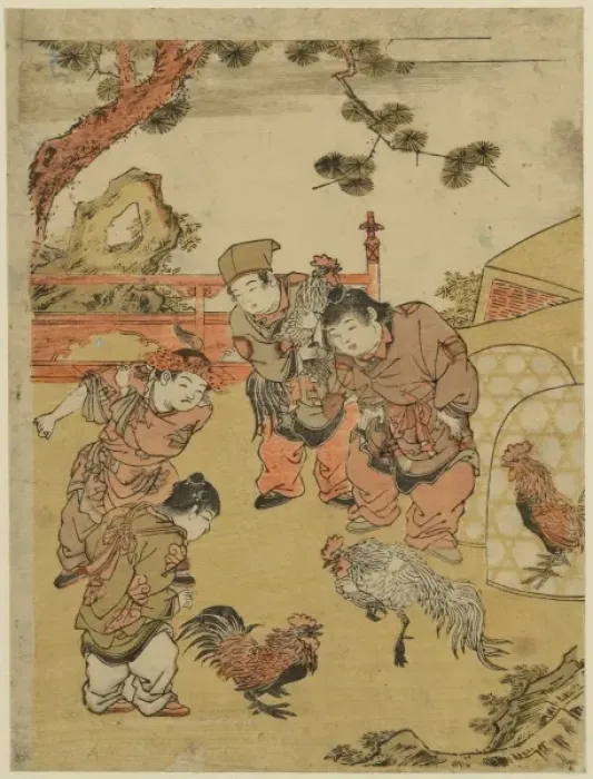 Framed Print : Chinese children fighting cocks Framed Print : Chinese children fighting cocks