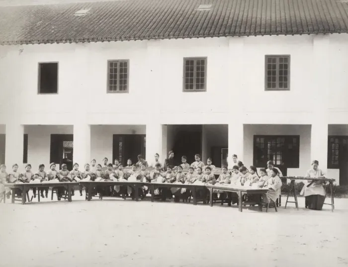 Framed Print : Chinese children learning to sew, school, China Framed Print : Chinese children learning to sew, school, China