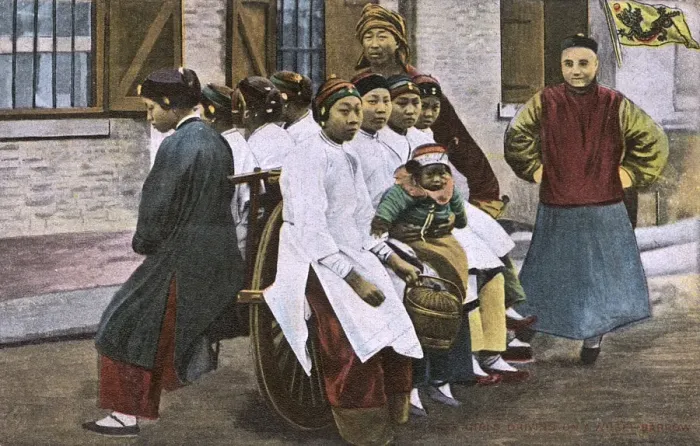 Framed Print : Eight Chinese Factory Girls on a wheelbarrow, China Framed Print : Eight Chinese Factory Girls on a wheelbarrow, China