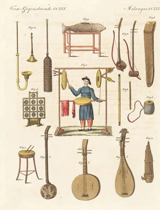 Framed Print : Chinese female musician and musical instruments, 1800s Framed Print : Chinese female musician and musical instruments, 1800s