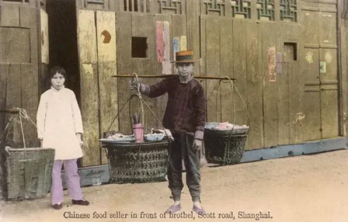 Framed Print : Chinese food seller in front of a Brothel, Shanghai, China Framed Print : Chinese food seller in front of a Brothel, Shanghai, China