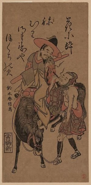 Chinese gentleman and stableboy exchanging a light with thei