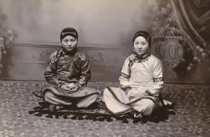 Framed Print : Two Chinese Girls seated on a small rug Framed Print : Two Chinese Girls seated on a small rug