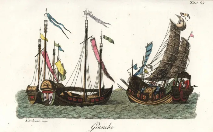 Framed Print : Chinese junks and freight vessels, with sails and banners Framed Print : Chinese junks and freight vessels, with sails and banners