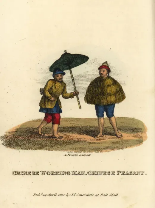 Framed Print : Chinese labourer with umbrella and peasant Framed Print : Chinese labourer with umbrella and peasant