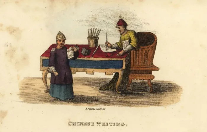 Framed Print : Chinese man writing with a brush at a desk, Qing Dynasty Framed Print : Chinese man writing with a brush at a desk, Qing Dynasty