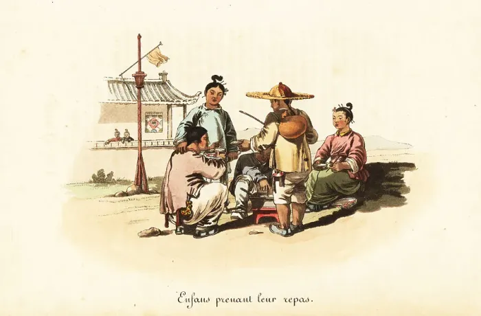 Framed Print : Chinese peasant children eating a meal, 18th century Framed Print : Chinese peasant children eating a meal, 18th century