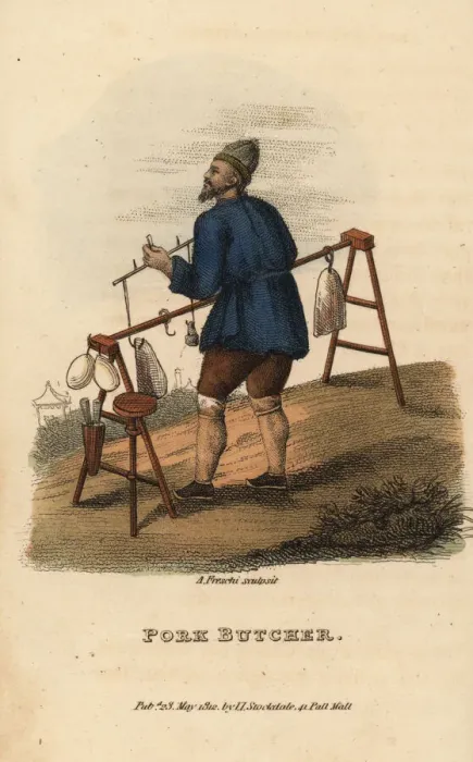 Framed Print : Chinese pork butcher selling hams, Qing Dynasty Framed Print : Chinese pork butcher selling hams, Qing Dynasty