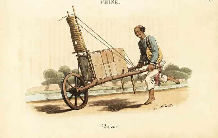 Framed Print : Chinese porter carrying goods in a wheelbarrow, 18th century Framed Print : Chinese porter carrying goods in a wheelbarrow, 18th century