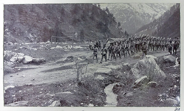 Chinese soldiers marching at Chumbi, from a fascinating album which reveals new details on a little-known campaign in which a British military force brushed aside Tibetan defences to capture Lhasa, in 1904