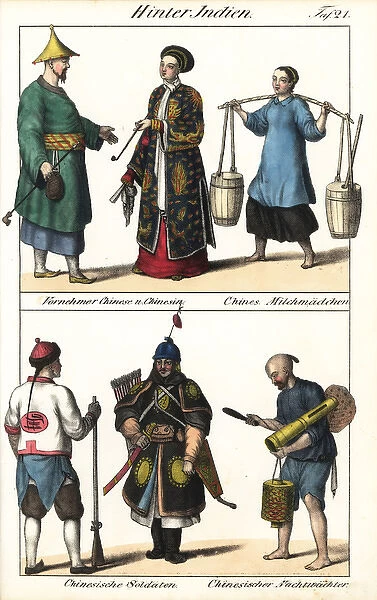 Chinese with tobacco pipes, milkmaid, soldiers