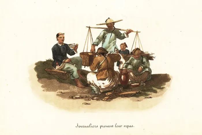 Framed Print : Chinese trackers eating rice with chopsticks, 18th century