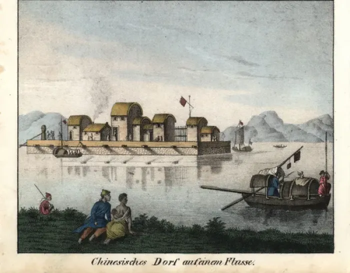 Framed Print : Chinese walled village on a river with sampan on the water Framed Print : Chinese walled village on a river with sampan on the water