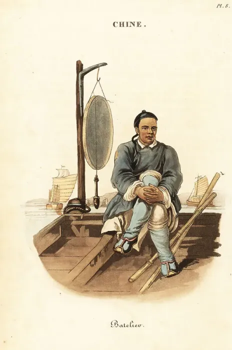 Framed Print : Chinese waterman and his barge, 18th century Framed Print : Chinese waterman and his barge, 18th century
