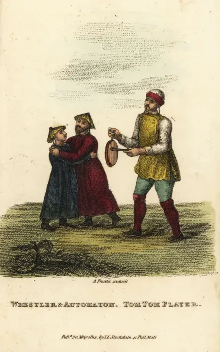 Framed Print : Chinese wrestler and automaton and a tom-tom