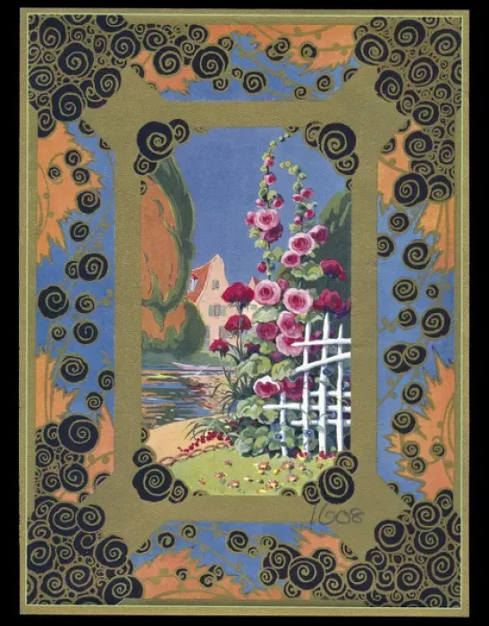 Framed Print : Chocolate box design, garden scene with hollyhocks Framed Print : Chocolate box design, garden scene with hollyhocks