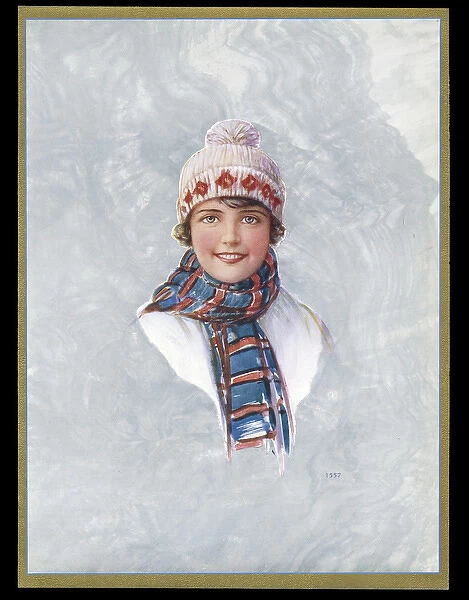 Chocolate box design, lady in woolly hat and scarf