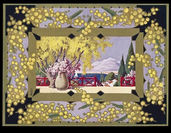 Chocolate box design, landscape with yellow border