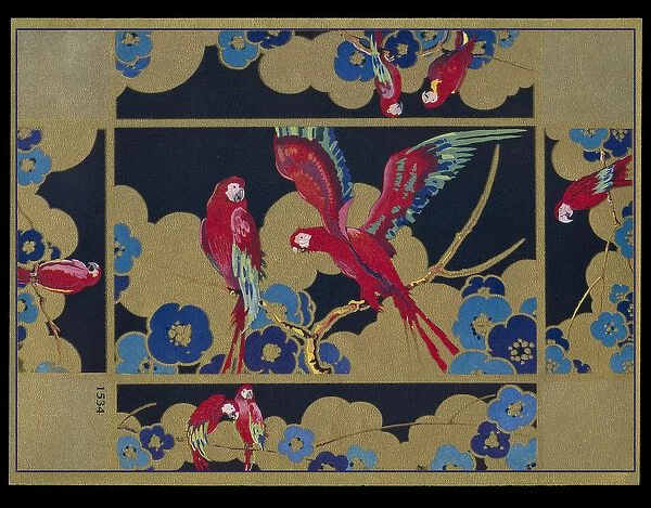 Chocolate box design, red parrots