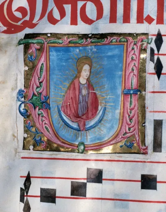 Framed Print : Choirbook. Gregorian chant. 15th. century. The Virgin prayin Framed Print : Choirbook. Gregorian chant. 15th. century. The Virgin prayin