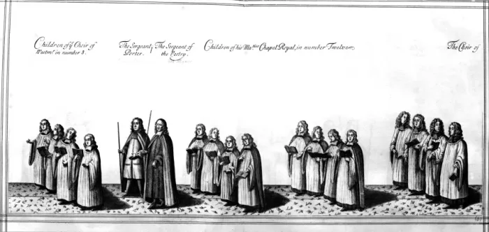 Framed Print : Choristers at the coronation procession of James II Framed Print : Choristers at the coronation procession of James II