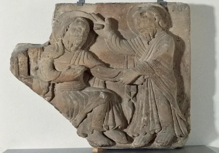 Framed Print : Christ blessing (Right) to St. Peter. (Left). Stone. Relief Framed Print : Christ blessing (Right) to St. Peter. (Left). Stone. Relief