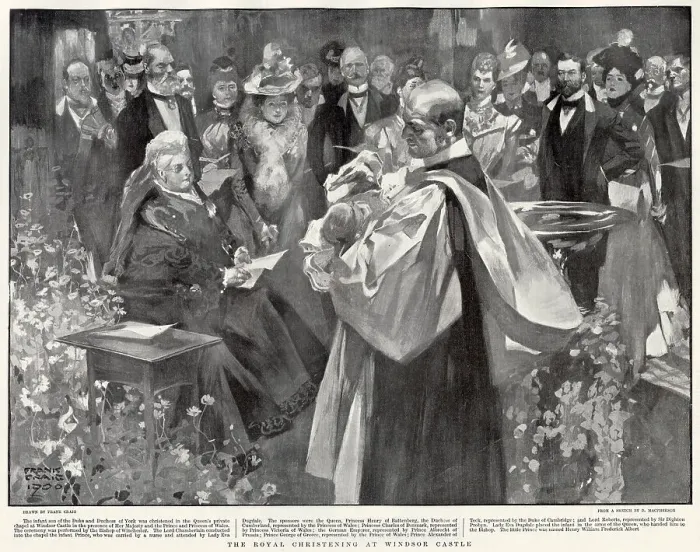 Framed Print : The christening of Prince Henry William Frederick Albert (1900 - 1974), later the Duke of Gloucester, at Windsor Castle in Berkshire, 1900. Those attending the event at the Queen's private chapel at the castle included Queen Victoria (on left) Framed Print : The christening of Prince Henry William Frederick Albert (1900 - 1974), later the Duke of Gloucester, at Windsor Castle in Berkshire, 1900. Those attending the event at the Queen's private chapel at the castle included Queen Victoria (on left)