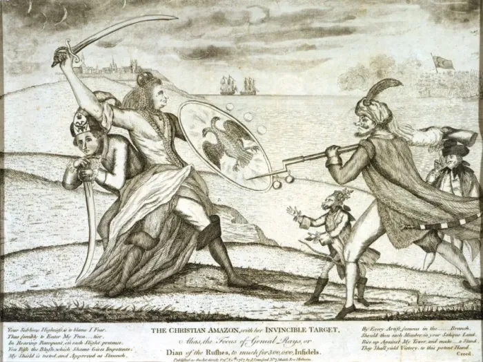 Framed Print : The christian amazon, with her invincible target, Alias Framed Print : The christian amazon, with her invincible target, Alias