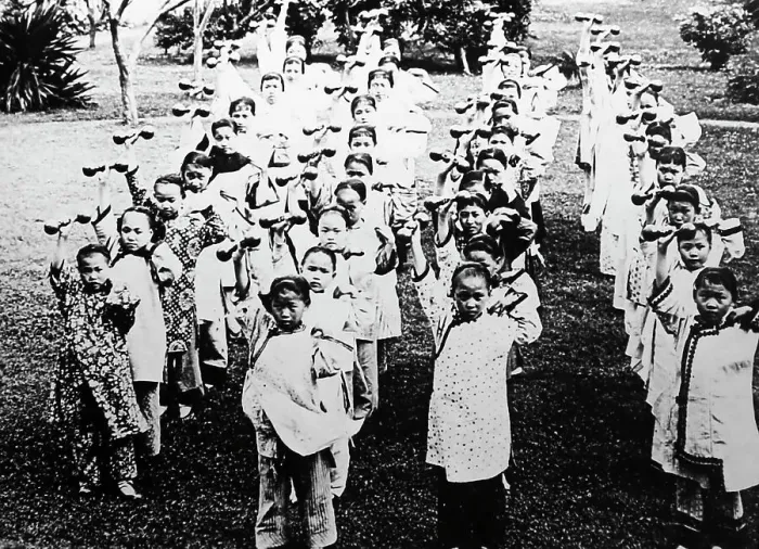Framed Print : Christian Mission children exercise, China, early 1900s Framed Print : Christian Mission children exercise, China, early 1900s