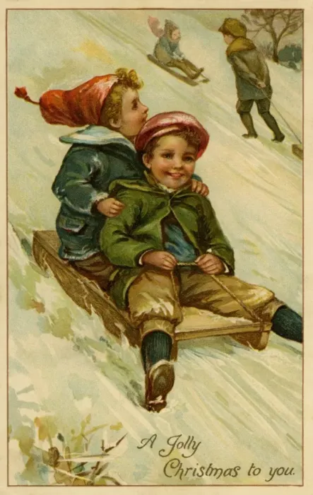 Framed Print : Christmas. 2 boys on a sledge Framed Print : Christmas. 2 boys on a sledge