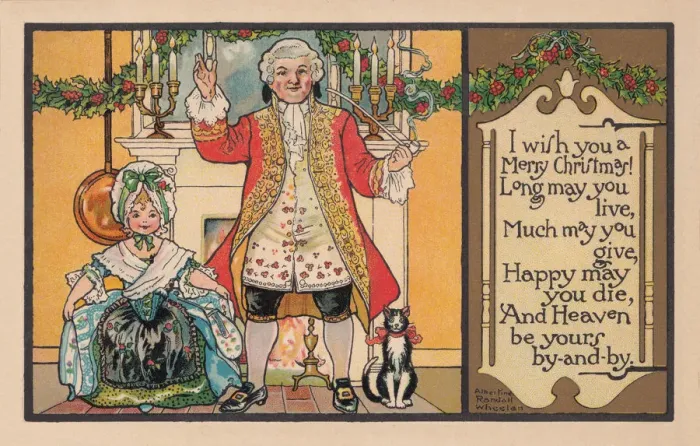 Framed Print : Christmas postcard depicting a happy 18th century man with his daughter Framed Print : Christmas postcard depicting a happy 18th century man with his daughter
