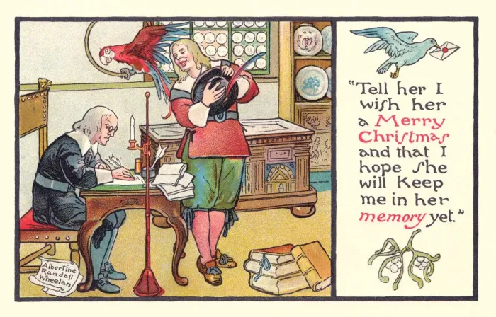 Framed Print : Christmas postcard depicting a happy Puritan dictating to his secretary Framed Print : Christmas postcard depicting a happy Puritan dictating to his secretary