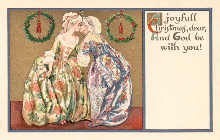 Framed Print : Christmas postcard depicting 2 18th century ladies kissing Framed Print : Christmas postcard depicting 2 18th century ladies kissing