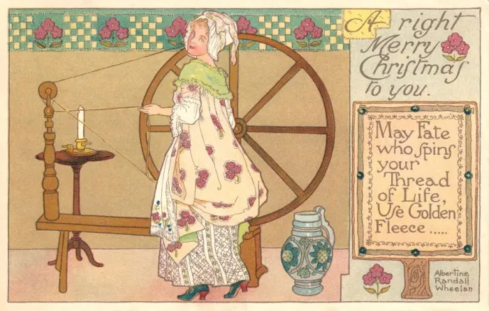 Framed Print : Christmas postcard depicting an 18th century girl at a spinning wheel Framed Print : Christmas postcard depicting an 18th century girl at a spinning wheel