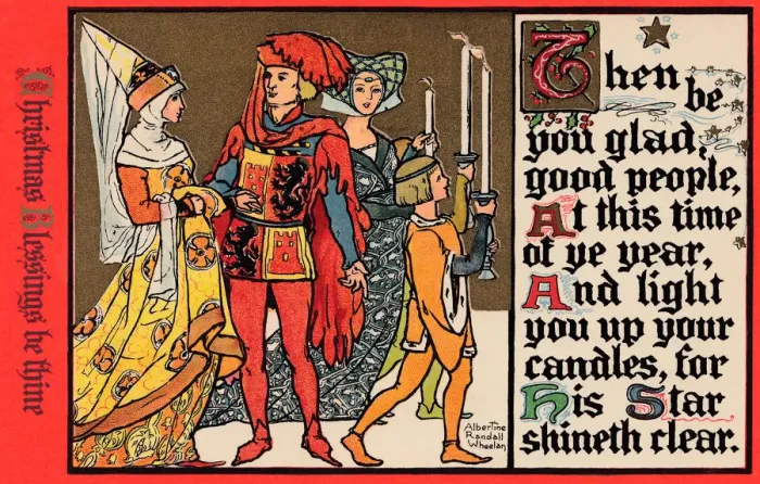 Framed Print : Christmas postcard depicting a medaeval lord and lady celebrating Christmas Framed Print : Christmas postcard depicting a medaeval lord and lady celebrating Christmas