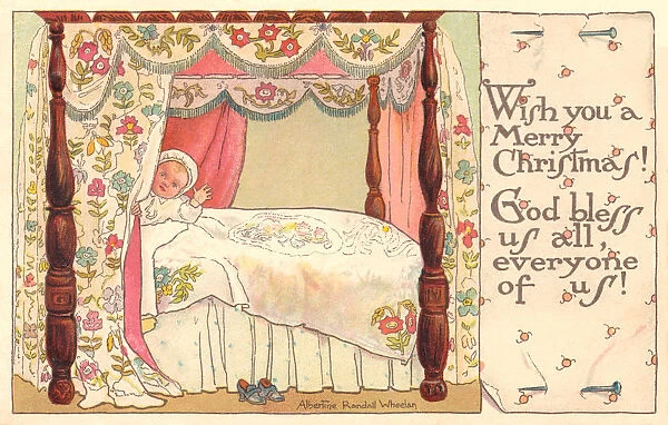 Christmas postcard depicting a young child waving from a four-poster bed