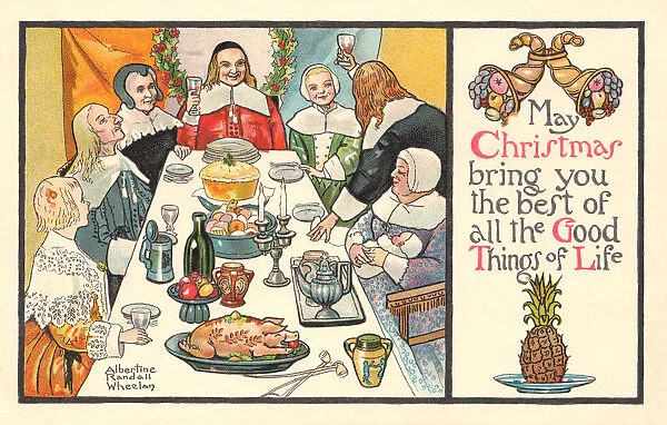 Christmas postcard depicting a medaeval group dining and toasting Christmas