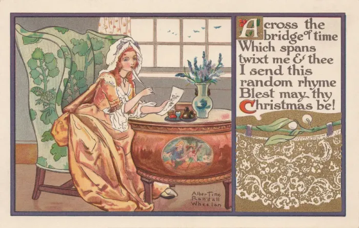 Framed Print : Christmas postcard depicting an 18th century girl writing to her love Framed Print : Christmas postcard depicting an 18th century girl writing to her love