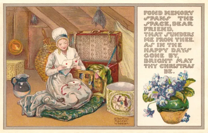 Framed Print : Christmas postcard depicting a lady in her attic re-reading old correspondence Framed Print : Christmas postcard depicting a lady in her attic re-reading old correspondence