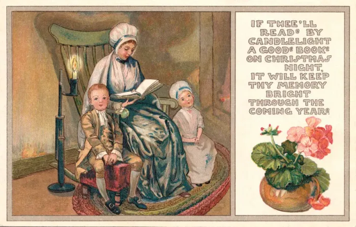Framed Print : Christmas postcard depicting a mother reading to her children Framed Print : Christmas postcard depicting a mother reading to her children