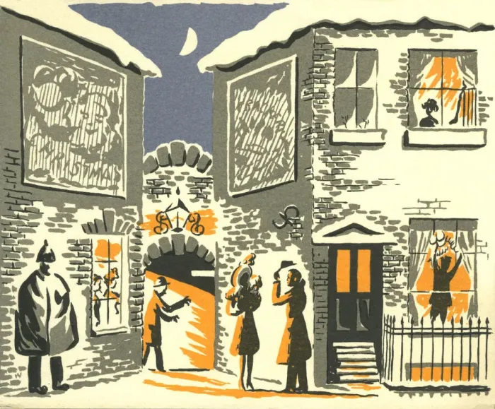 Framed Print : Christmas. Illustration of people in snowy 1940s Christmas townscape. Date: circa 1940 Framed Print : Christmas. Illustration of people in snowy 1940s Christmas townscape. Date: circa 1940