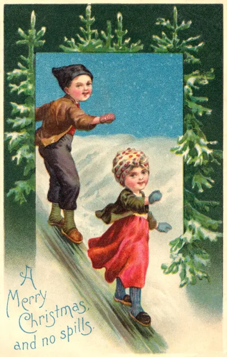 Framed Print : Christmas. Boy and girl sliding down an icy slope Framed Print : Christmas. Boy and girl sliding down an icy slope
