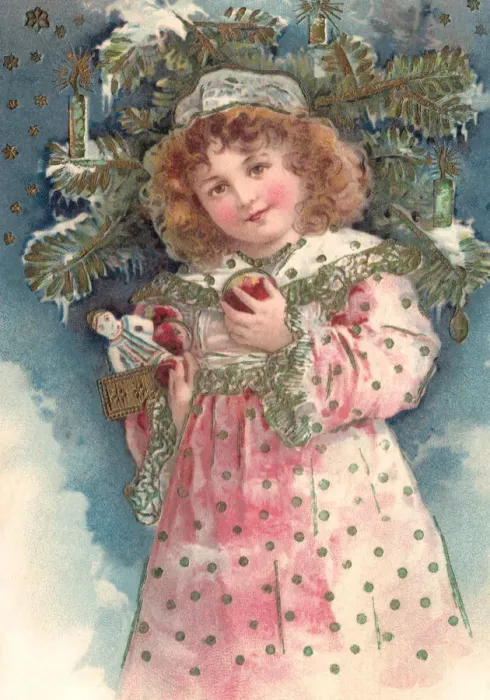 Framed Print : Christmas. Young girl with her doll and Xmas gifts. Artist: Anon. Date: circa 1902 Framed Print : Christmas. Young girl with her doll and Xmas gifts. Artist: Anon. Date: circa 1902