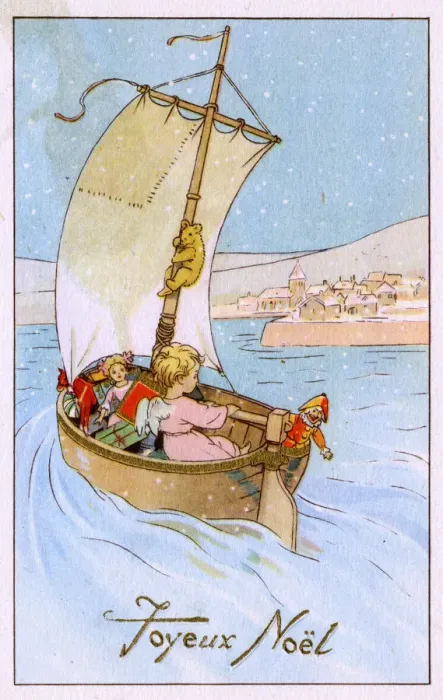 Framed Print : A Christmas Angel sailing into a Port Town with presents Framed Print : A Christmas Angel sailing into a Port Town with presents