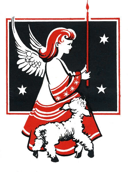 Christmas card, Angel and lamb