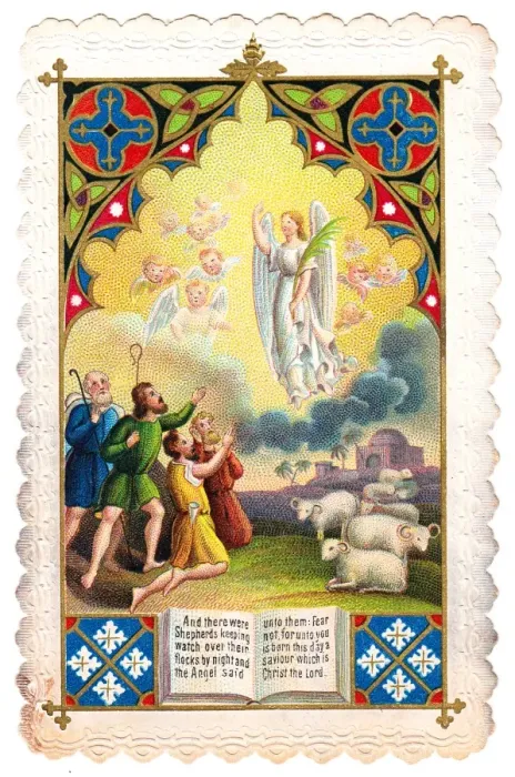 Framed Print : Christmas card with angels and shepherds Framed Print : Christmas card with angels and shepherds